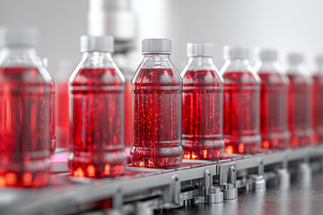 Clear plastic bottles with vibrant red carbonated liquid move on an industrial conveyor belt. Automated manufacturing process in a beverage bottling factory production line.