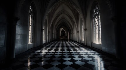 Fototapeta premium Long dark gothic hallway with high arched ceilings