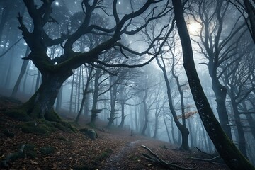 Obraz premium Eerie foggy forest at dusk with twisted bare trees and faint light