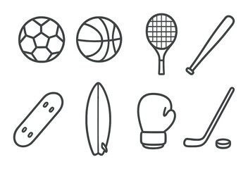 Outline of various sports equipment: soccer ball, basketball, tennis racket, baseball bat, skateboard, surfboard, boxing glove, hockey stick
