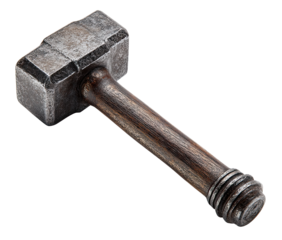 Close-up of a stylized, small hammer.  A metallic, aged head meets a wooden, textured handle.  Dark gray patina on the head.  Wood grain visible on the handle.  Compact, detailed craftsmanship