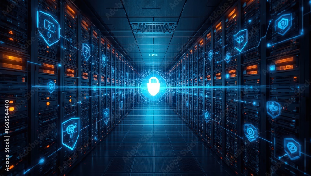 Poster server room data center full of working equipment and lights with a glowing lock in the middle repre