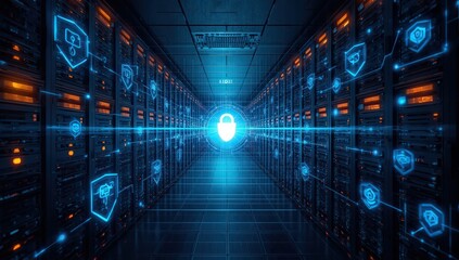 Server room data center full of working equipment and lights with a glowing lock in the middle representing data security and network protection