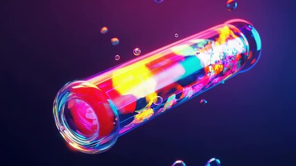 Glass cylinder containing colorful abstract shapes floating in space with bubbles - Powered by Adobe