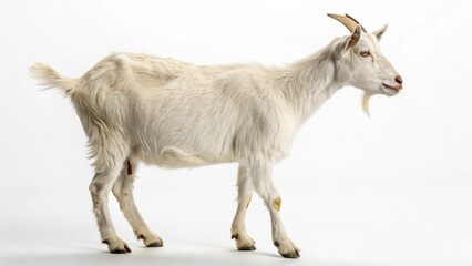 Fototapeta premium A portrait of two horned white goats with brown fur on a rural farm pasture