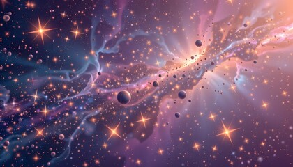 Obraz premium Celestial Dreamscape: A mesmerizing depiction of the cosmos, with vibrant celestial bodies and glowing star clusters, set against a backdrop of swirling nebulae.