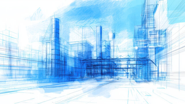 Hand drawn sketch of futuristic cityscape featuring abstract buildings and structures in blue tones, conveying sense of innovation and creativity