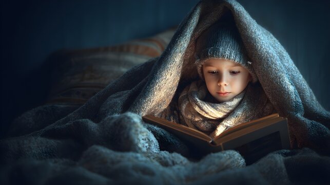 Cozy childhood moment: young boy secretly reading a book under blankets at night.