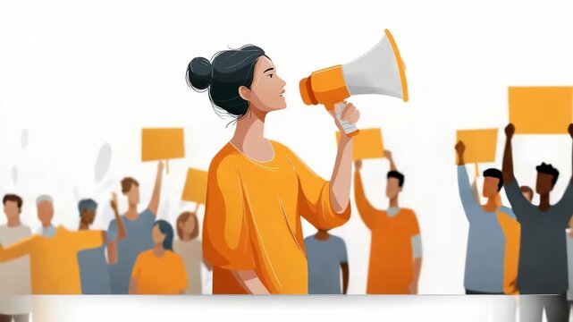 Woman uses megaphone during a peaceful protest against immigration raids, surrounded by a diverse crowd holding signs. Isolated on a white background