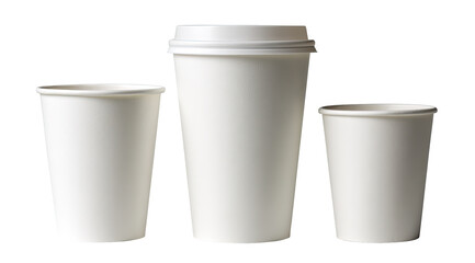 Three white disposable coffee cups of varying sizes,  with lids