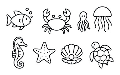 Obraz premium Vector icons of marine life: fish, crab, octopus, jellyfish, seahorse, starfish, seashell, turtle