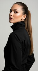 Fototapeta premium Elegance in Pose: A striking woman with flowing hair strikes a pose. Her attire is minimalistic