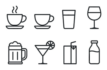 Outline icons of hot and cold beverages: coffee, tea, juice, wine, beer, milk, and cocktails