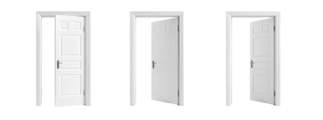 Three white doors, one open, one closed, one ajar