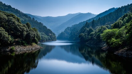 Peaceful mountain lake surrounded by lush green forests and rolling hills, creating perfect mirror reflections under clear blue sky in scenic valley landscape.