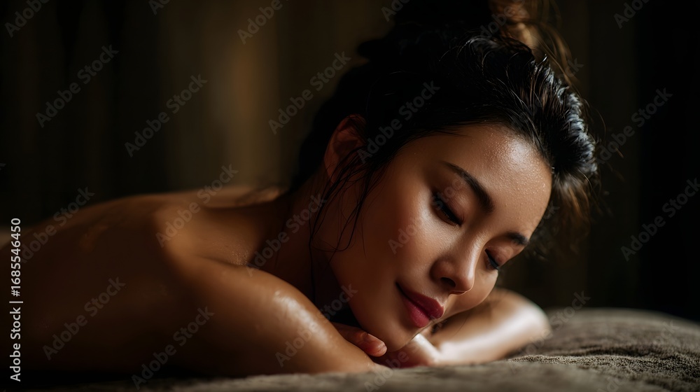 Poster a serene woman enjoys deep relaxation lying face down with closed eyes in a tranquil spa setting ill