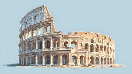 Ancient Roman Colosseum illustration, historical landmark, travel destination, Italy, architectural detail, vintage style.