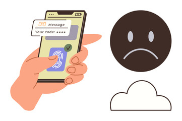 Smartphone screen displaying code message and fingerprint scan for security, sad face emotion conveying concern, and a simple cloud. Ideal for technology, privacy, access, security, emotions, data
