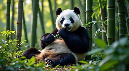 Hyper realistic wildlife photography captures adorable giant panda eating bamboo in lush forest