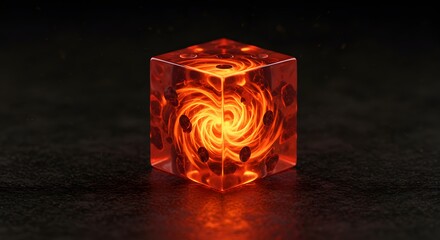 A translucent die frozen mid-roll contains a vortex of fire, a powerful metaphor for random chance, contained chaos, and a high-stakes decision