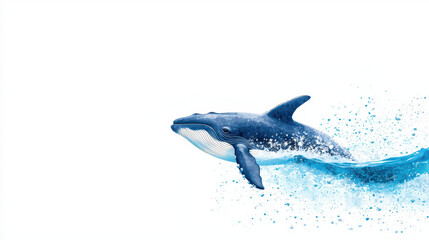 Fototapeta premium Majestic blue whale swimming gracefully through ocean, surrounded by splashes of water, evokes sense of tranquility and wonder