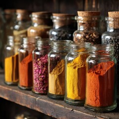 Colorful spices in glass jars