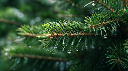Close up of a pine tree branch with water droplets clinging to the green needles after rain