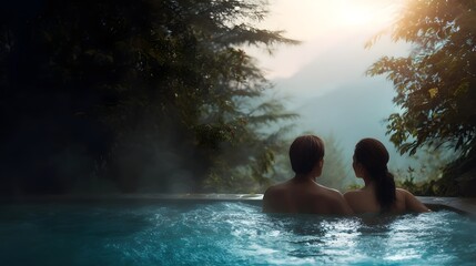 Couple enjoys a tranquil outdoor hot spring experience surrounded by lush nature and majestic mountains under the soft glow of sunset