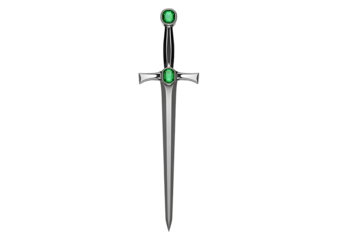 A detailed illustration of a magnificent sword, featuring gleaming silver metal and vibrant emerald gems.