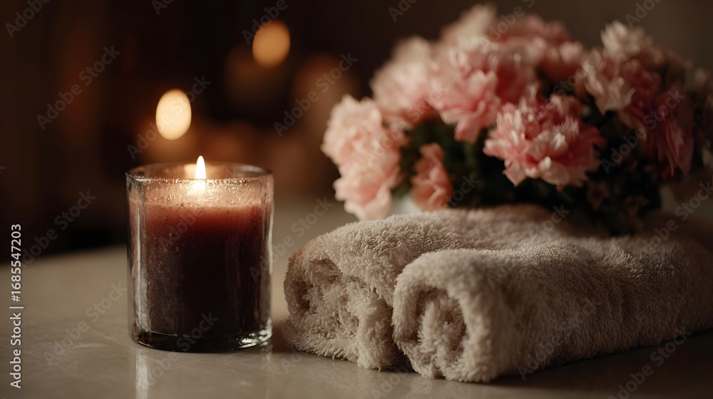 Poster a warm and serene spa setting featuring a lit candle soft rolled towels and a bouquet of delicate pi