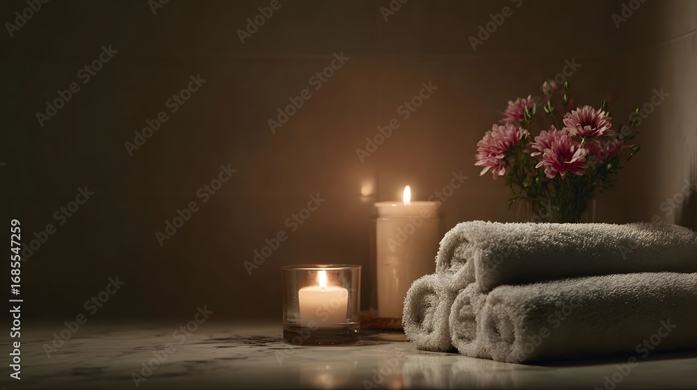 Poster serene spa setting with soft candlelight rolled white towels and fresh pink flowers on a reflective 