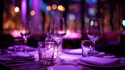 Elegant Dinner Club Setup: Ambient Night Dining Experience with Wine and Purple Lighting in a Chic Eatery