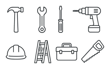 Tool set icons: hammer, wrench, screwdriver, drill, hard hat, ladder, toolbox, saw