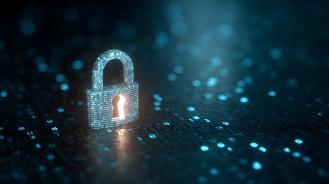 Digital security padlock glowing on binary code background, data protection and cybersecurity concept.