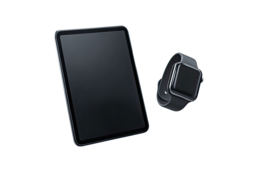 Dark gray tablet and watch displayed