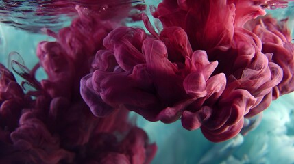 Abstract crimson ink bloom underwater, fluid art, vibrant color, elegant swirls, dynamic movement, macro photography