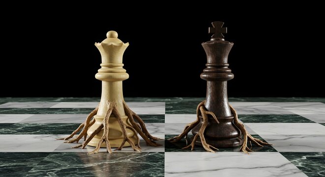 A chess queen and king are locked in an eternal standoff by ancient roots, a powerful metaphor for an unmovable conflict, a permanent stalemate, and an irresolvable situation