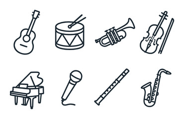 Silhouette of various musical instruments on dark background