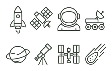 Space exploration icons featuring rocket astronaut satellite telescope planet and rover