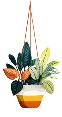 A hanging plant pot with vibrant leaves.  A mix of green, orange, and yellow foliage fills a cream-colored pot with brown accents