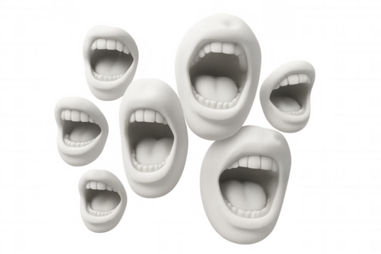 3d rendering of multiple open mouths screaming, isolated on transparent background, ideal for concepts about communication and freedom of speech