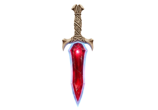 A stylized, ornate blade with a vibrant ruby-red gem-encrusted design stands out against a stark black backdrop.