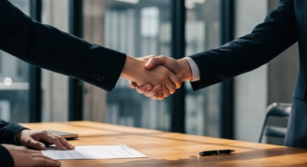 Closeup of two business people shaking hands over a wooden table with documents and a pen on it