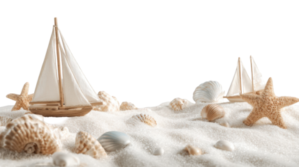 Seashells and sailboats on sand