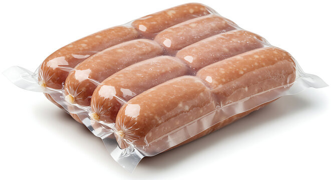 Vacuum-Packed Fresh Sausages Ready for Cooking, Presenting A Perfect Package of Delicious Meat Products, High-Quality Food Photography, Isolated On White