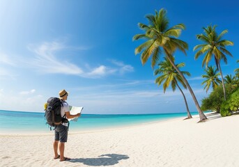 Solo traveler with a backpack and map enjoys the view of a beautiful tropical beach