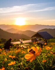 Sunrise over a vibrant flower field