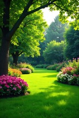 Serene garden landscape featuring lush green grass, vibrant flowers, and mature trees creating a peaceful outdoor oasis Perfect for relaxation and tranquility , picturesque, botany, vibrant