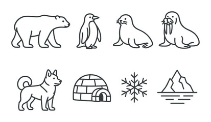 Outline art of arctic animals and symbols: bear, penguin, seal, walrus, dog, igloo, snowflake, mountains