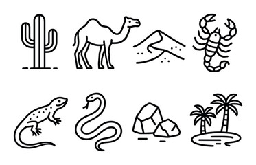Naklejka premium Desert wildlife and scenery icons featuring camel, cactus, scorpion, and more